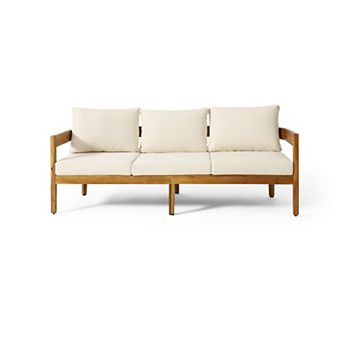 76.5" Outdoor Acacia Wood 3 Seater Patio Sofa Rounded Tuxedo Design with Beige Cushions