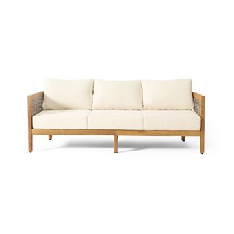 76.5" Outdoor Acacia Wood 3 Seater Sofa with Round Wicker Accents & Beige Cushions