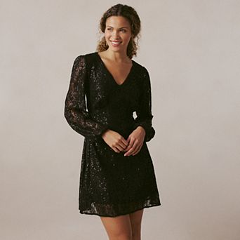Petite LC Lauren Conrad Sequin V-Neck Long Sleeve Mini Dress