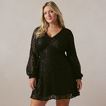 Plus Size LC Lauren Conrad Sequin V-Neck Long Sleeve Mini Dress