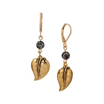 1928 Gold Tone Semi-Precious Bead Leaf Drop Earrings