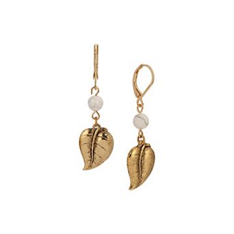 1928 Gold Tone Semi-Precious Bead Leaf Drop Earrings