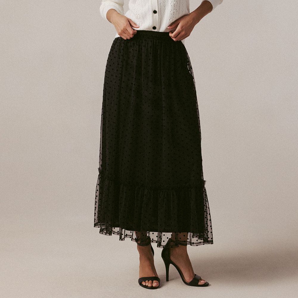 Petite LC Lauren Conrad Tiered Flocked High Rise Maxi Skirt