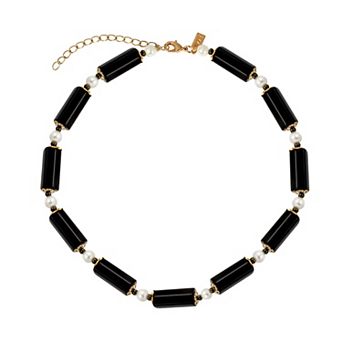 1928 Gold Tone Simulated Pearl & Semi-Precious Tube Bead Necklace