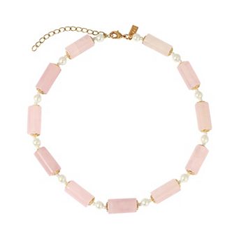 1928 Gold Tone Simulated Pearl & Semi-Precious Tube Bead Necklace