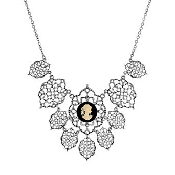 1928 Silver Tone Filigree Cameo Bib Necklace