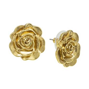 1928 Gold Tone Flower Button Earrings