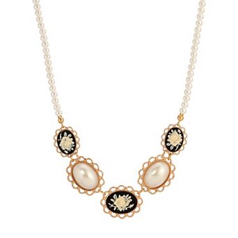 1928 Gold Tone Flower Oval Simulated Pearl Necklace