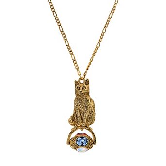 1928 Gold Tone Simulated Crystal Cat Pendant Necklace