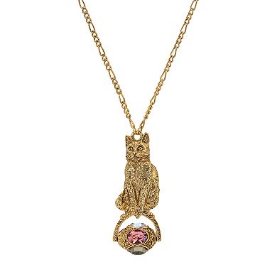 1928 Gold Tone Simulated Crystal Cat Pendant Necklace