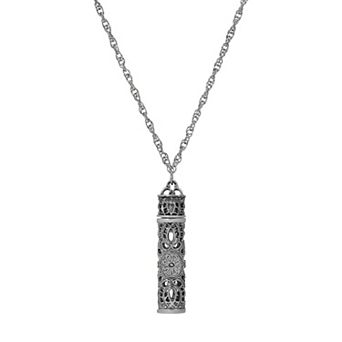 1928 Silver Tone Filigree Vial Pendant Necklace