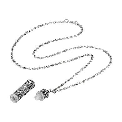 1928 Silver Tone Filigree Vial Pendant Necklace