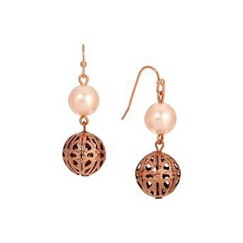 1928 Copper Tone Simulated Pearl Filigree Bead Drop Earrings