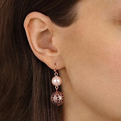 1928 Copper Tone Simulated Pearl Filigree Bead Drop Earrings