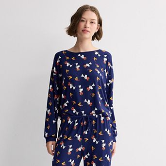 Juniors' Peanuts Snoopy & Woodstock Christmas Allover Print Long Sleeve Skimmer Pajama Top