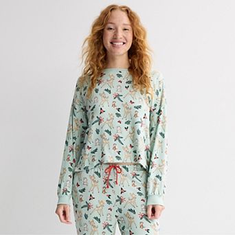 Juniors' Disney's Bambi & Thumper Christmas Holly Allover Print Long Sleeve Skimmer Pajama Top