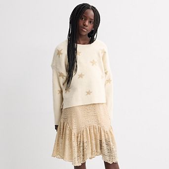 Girls 6-16 eyeshadow 2 pc Handkerchief Midi Lace Dress & Pullover Sweater Set