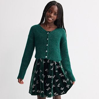 Girls 6-16 eyeshadow 2 pc Velvet Glitter Empire Waist Dress & V-Neck Cardigan Set