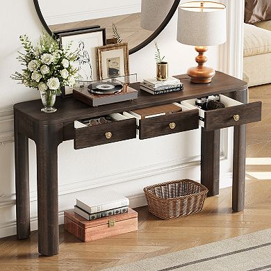 Rustic Console Table: 3-Drawer Entryway Sofa Table with Curved Safety Corners & Thick Legs