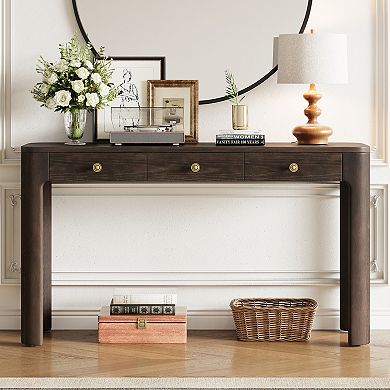 Rustic Console Table: 3-Drawer Entryway Sofa Table with Curved Safety Corners & Thick Legs