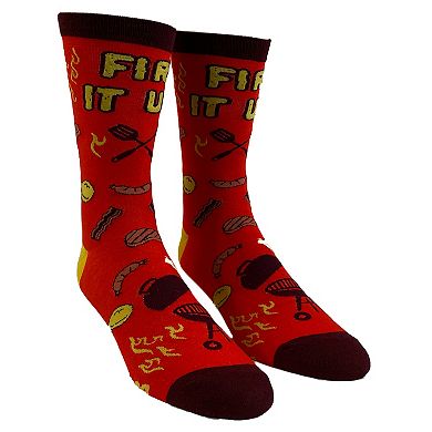 Men's Fire It Up Socks Funny Backyard Bar-B-Que Grilling Meat Graphic Novelty Footwear