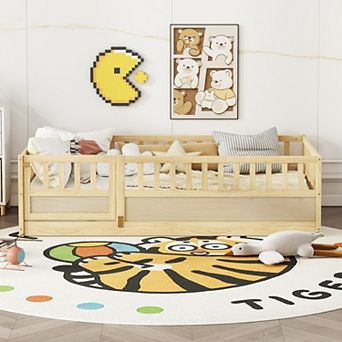 Bellemave Twin Floor Bed with Slats High Fence Montessori Bed with Door No Box Spring Needed Natural
