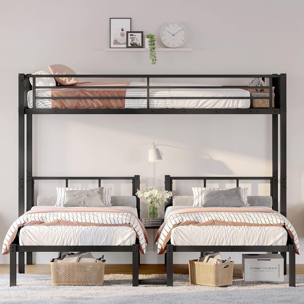 Twin Over Twin Over Twin 3 Bunk Bed with Shelf & Desk L-Shaped Metal