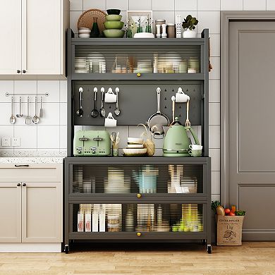 Merax Tall Kitchen Bakers Rack with Flip Door Cabinet, 5 Tier Multifunctional Microwave Stand Buffet