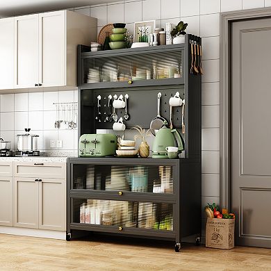 Merax Tall Kitchen Bakers Rack with Flip Door Cabinet, 5 Tier Multifunctional Microwave Stand Buffet