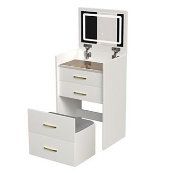 Merax Vanity Desk with open Top Mirror,Small Make Up Vanity Set with Visible Glass Desktop