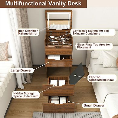 Merax Vanity Desk with Lighted Mirror & Stool, Flip Top Makeup Dressing Table