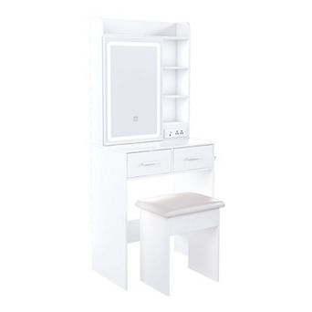 Merax Small Makeup Vanity Desk with Mirror & Adjustable LED Lights,Built-in Power Outlet