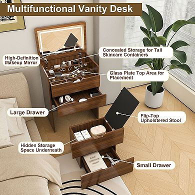 Merax Vanity Desk with Lighted Mirror & Stool, Flip Top Makeup Dressing Table