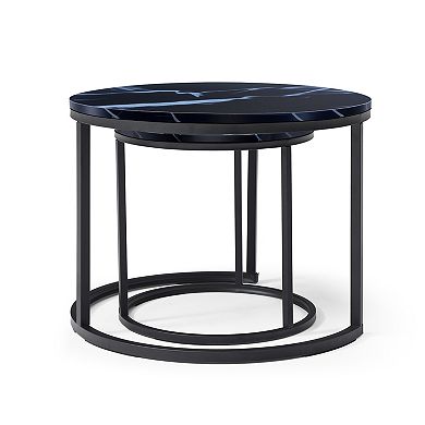 Merax Set 2 Coffee Table Nesting Black top Black Frame Circular Round
