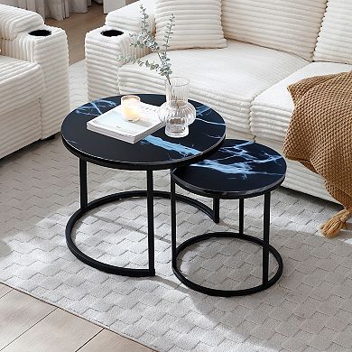 Merax Set 2 Coffee Table Nesting Black top Black Frame Circular Round