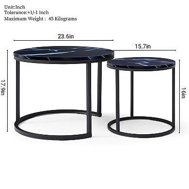 Merax Set 2 Coffee Table Nesting Black top Black Frame Circular Round