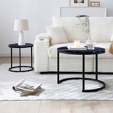 Merax Set 2 Coffee Table Nesting Black top Black Frame Circular Round