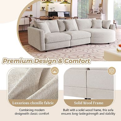 Merax 107" Chenille 3-Piece Sectional Sofa with Curved Chaise & 3 Throw Pillows for Living Room
