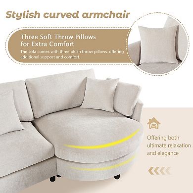 Merax 107" Chenille 3-Piece Sectional Sofa with Curved Chaise & 3 Throw Pillows for Living Room