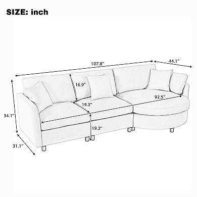 Merax 107" Chenille 3-Piece Sectional Sofa with Curved Chaise & 3 Throw Pillows for Living Room