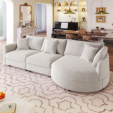 Merax 107" Chenille 3-Piece Sectional Sofa with Curved Chaise & 3 Throw Pillows for Living Room