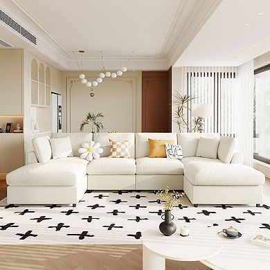 Merax 128" Large U-Shaped Modular Sectional Sofa with 2 Movable Ottomans, Chenille Fabric Couch