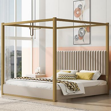 Merax Upholstery Canopy Platform Bed with Headboard and Metal Frame