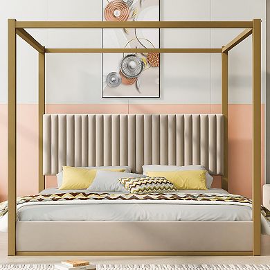 Merax Upholstery Canopy Platform Bed with Headboard and Metal Frame