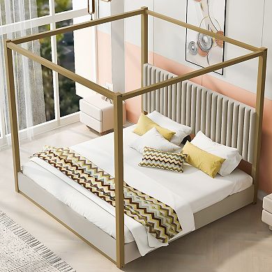 Merax Upholstery Canopy Platform Bed with Headboard and Metal Frame