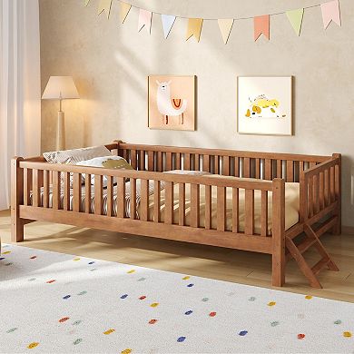 Merax Wood Twin Size Platform Bed with Guardrail
