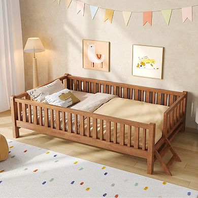 Merax Wood Twin Size Platform Bed with Guardrail