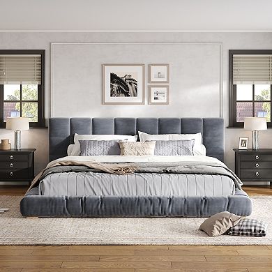 Merax Upholstered Velvet Platform Bed Frame with Channel Tufted Headboard