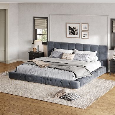 Merax Upholstered Velvet Platform Bed Frame with Channel Tufted Headboard