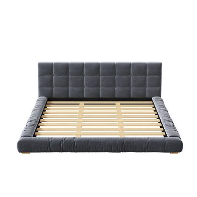 Merax Upholstered Velvet Platform Bed Frame with Channel Tufted Headboard